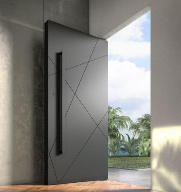 Pintu rumah dengan desain geometris modern